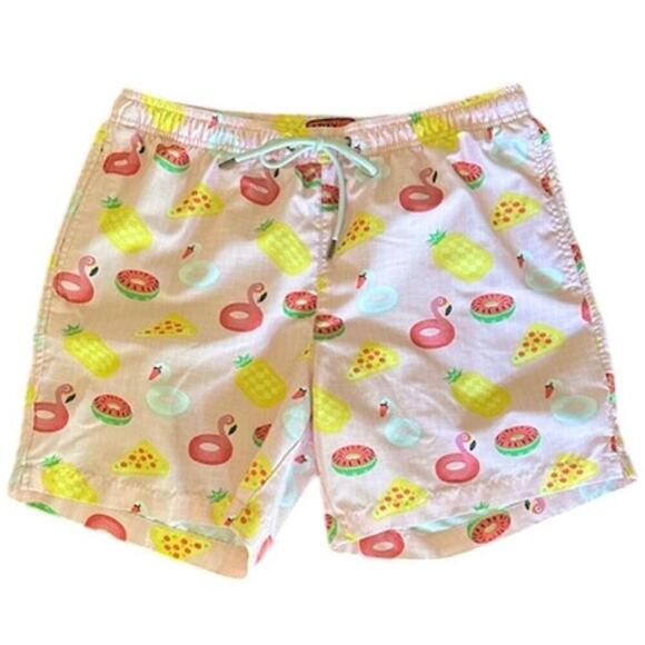 Party Sharks Men's Pink Swim Trunks Size L | Flamingo Pizza Pineapple Print - Picture 2 of 5